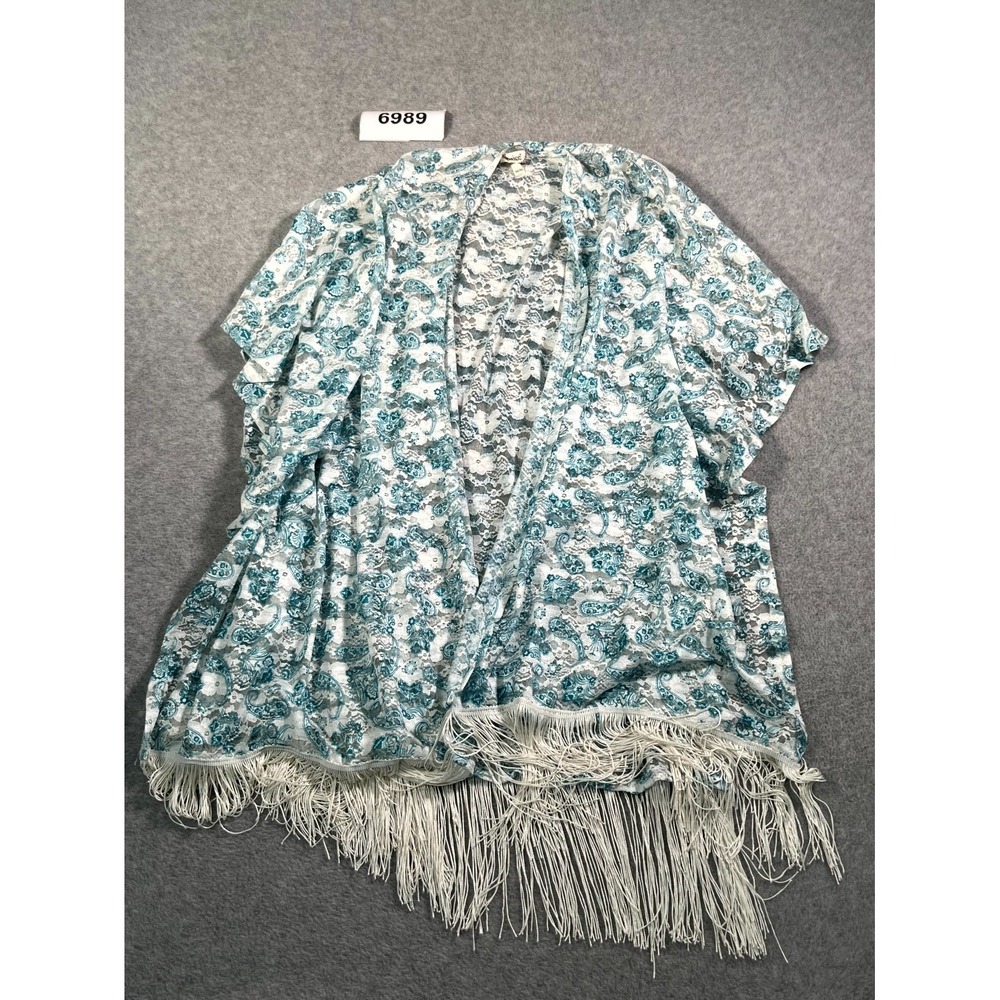 Janice Kimono Cardigan Top Womens OS Blue White Lace Paisley Fringe Open Front